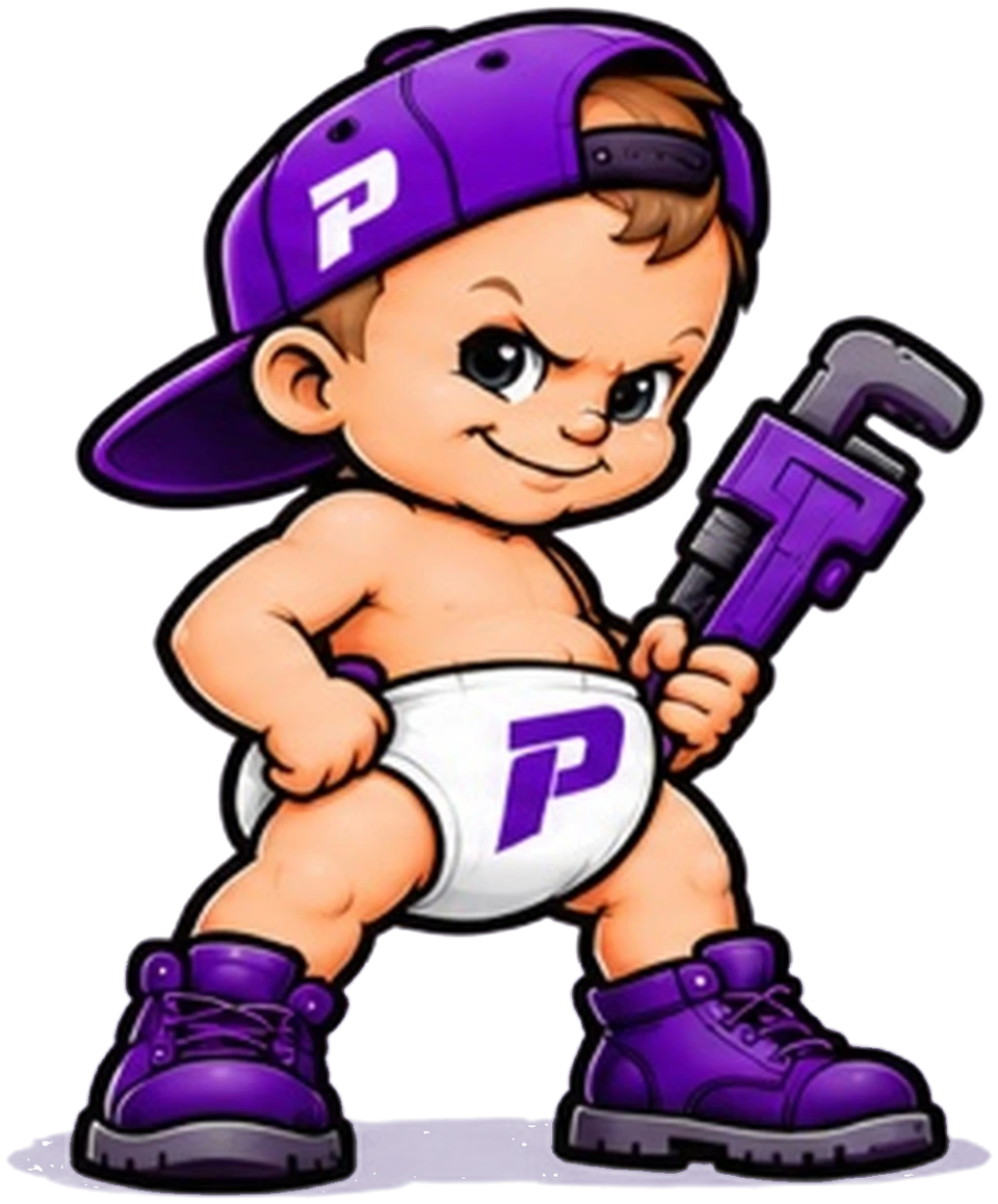 Baby Pyper, the Pyper Plumbing mascot, holding a purple pipe wrench